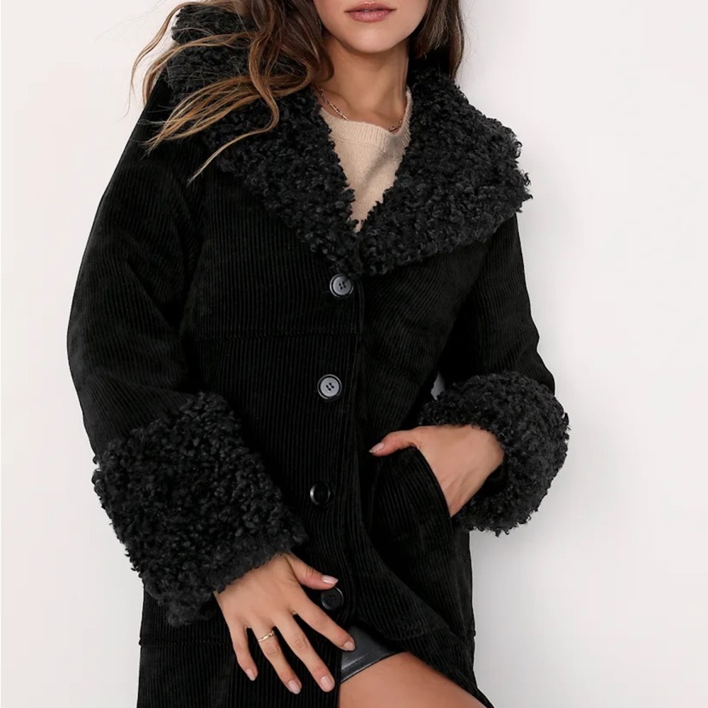 Women's Corduroy Black Faux Fur Trim Coat